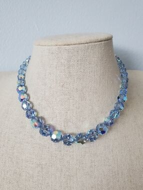 Vintage Light Blue Aurora Borealis Bead Choker Necklace